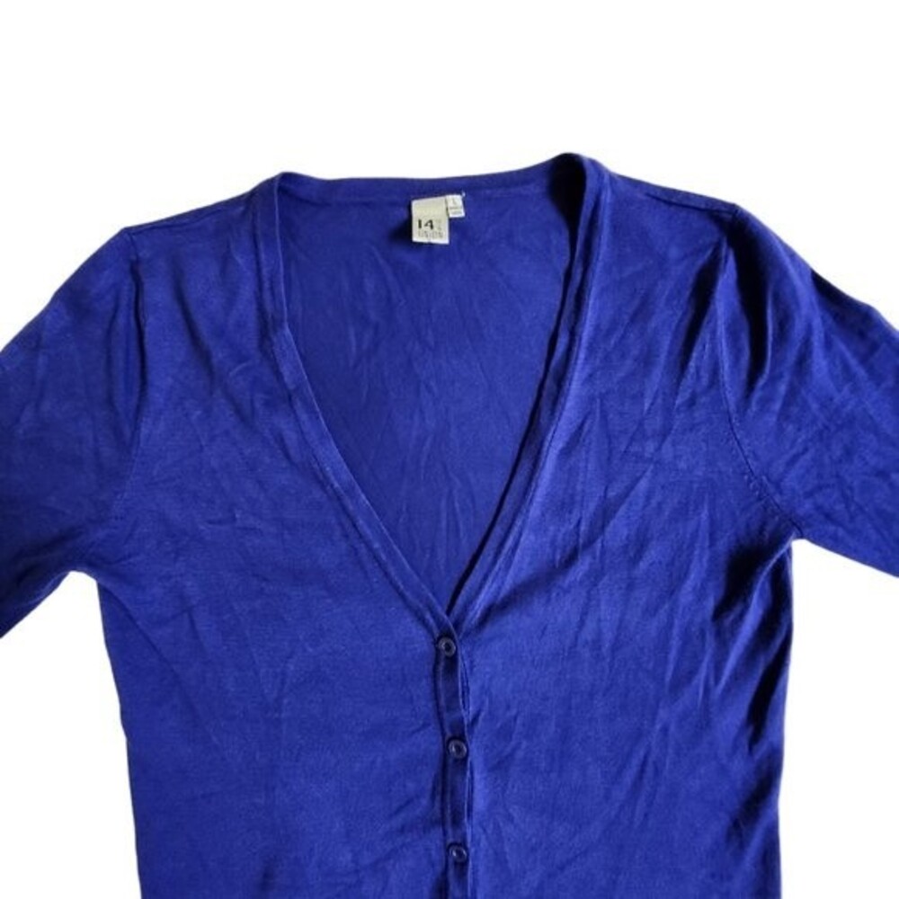 14th & Union blue button front v neck 3/4 sleeve cardigan sweater sz L - Picture 3 of 11